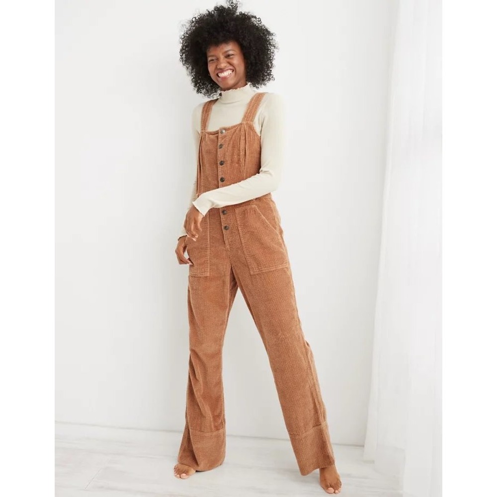 Aerie Corduroy Wide Leg Overalls‎ Brown Button Front XXS 7720818955